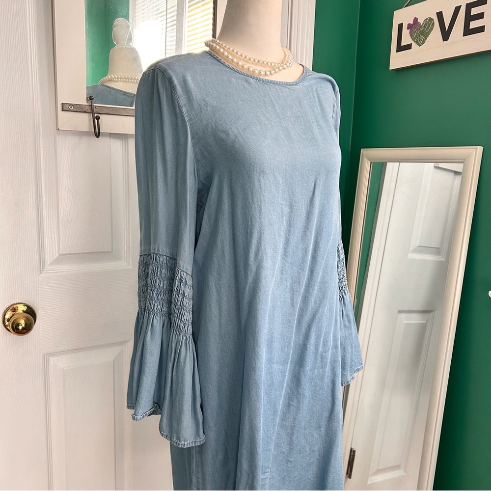 Denim Blue Tencel Dress with Bell Sleeves S